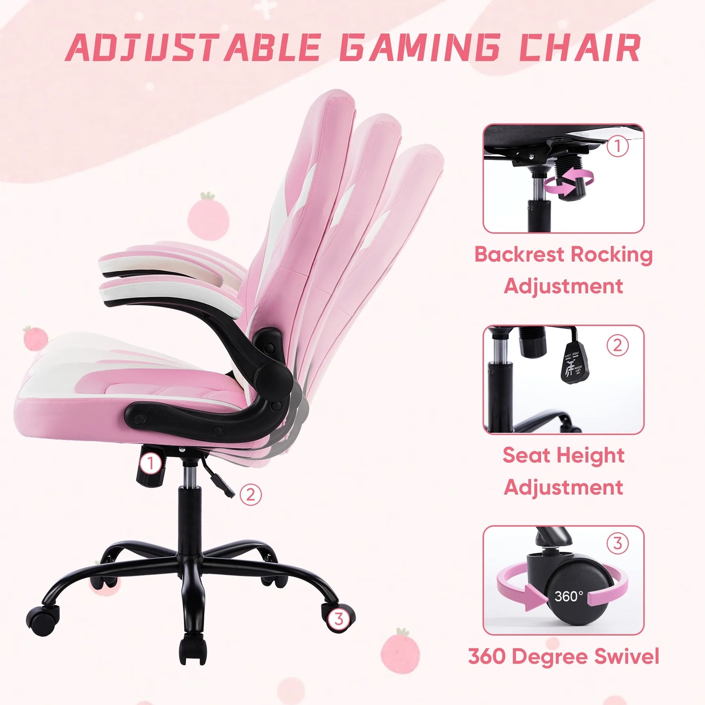 Computer Gaming Desk Chair - Ergonomic Office Executive Adjustable Swivel Task PU Leather Racing Chair with Flip-Up Armrest, Pink White