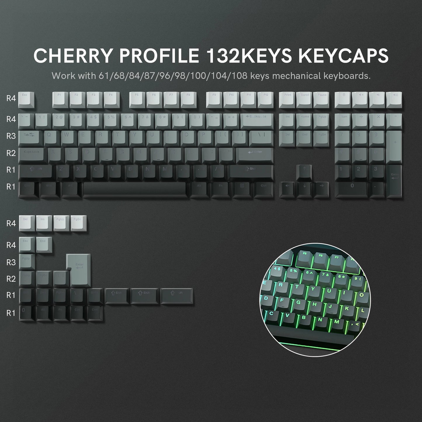 134 Key Black Topographic 4.0 PBT Keycaps Double Shot Side Print Shine through Backlit Key Caps for MX Gamer Mechanical Keyboard