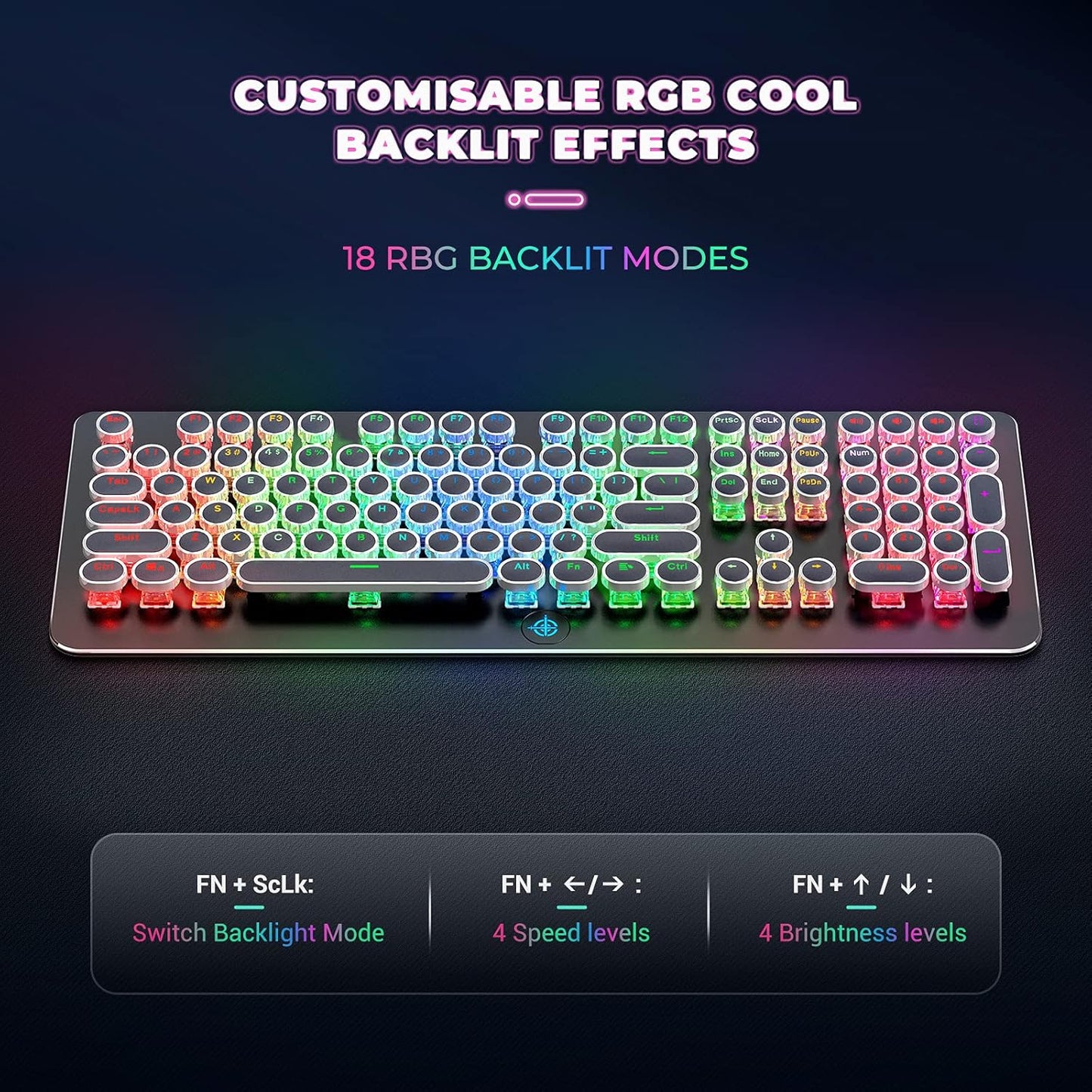 Retro Mechanical Keyboard, Typewriter Keyboard, RGB Gaming Keyboard with RGB Backlit,Retro Keyboard with round Keycaps and Multimedia Keys for Gaming/Office(108 Keys,Brown Switch,Black)