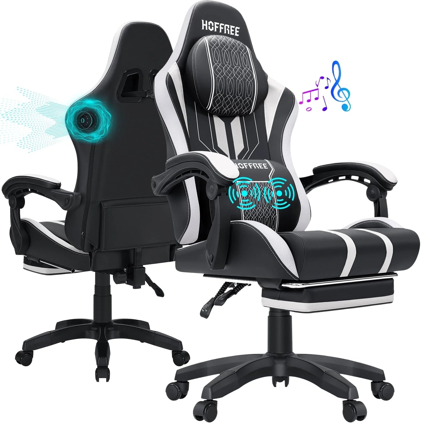Hoffree Gaming Chair with Bluetooth Speakers Big and Tall Gamer Chair with Footrest and Massage Game Chair with Lumbar Support and 360-Swivel Seat and Headrest for Adults, 400Lbs