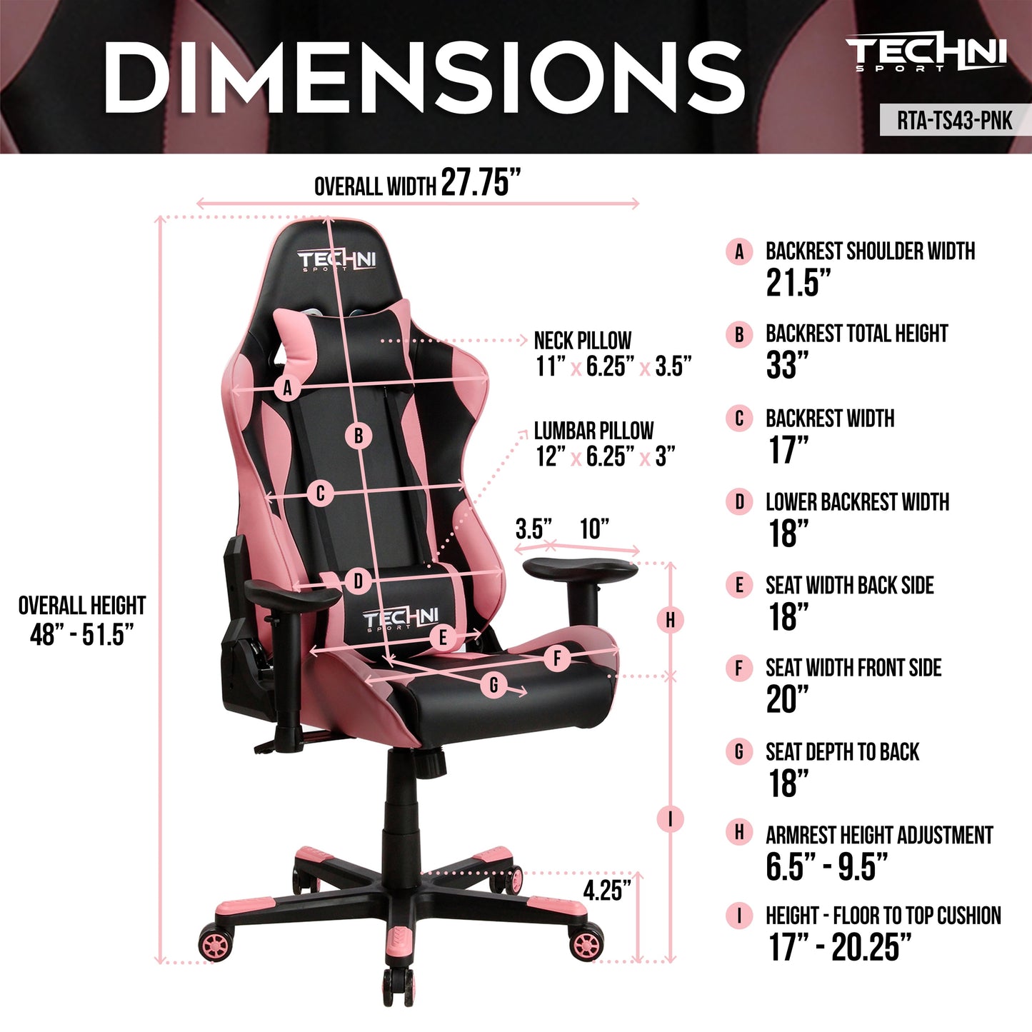 TS-4300 Ergonomic High Back Racer Style PC Gaming Chair with Memory Foam Seat, Pink RTA-TS43-PNK