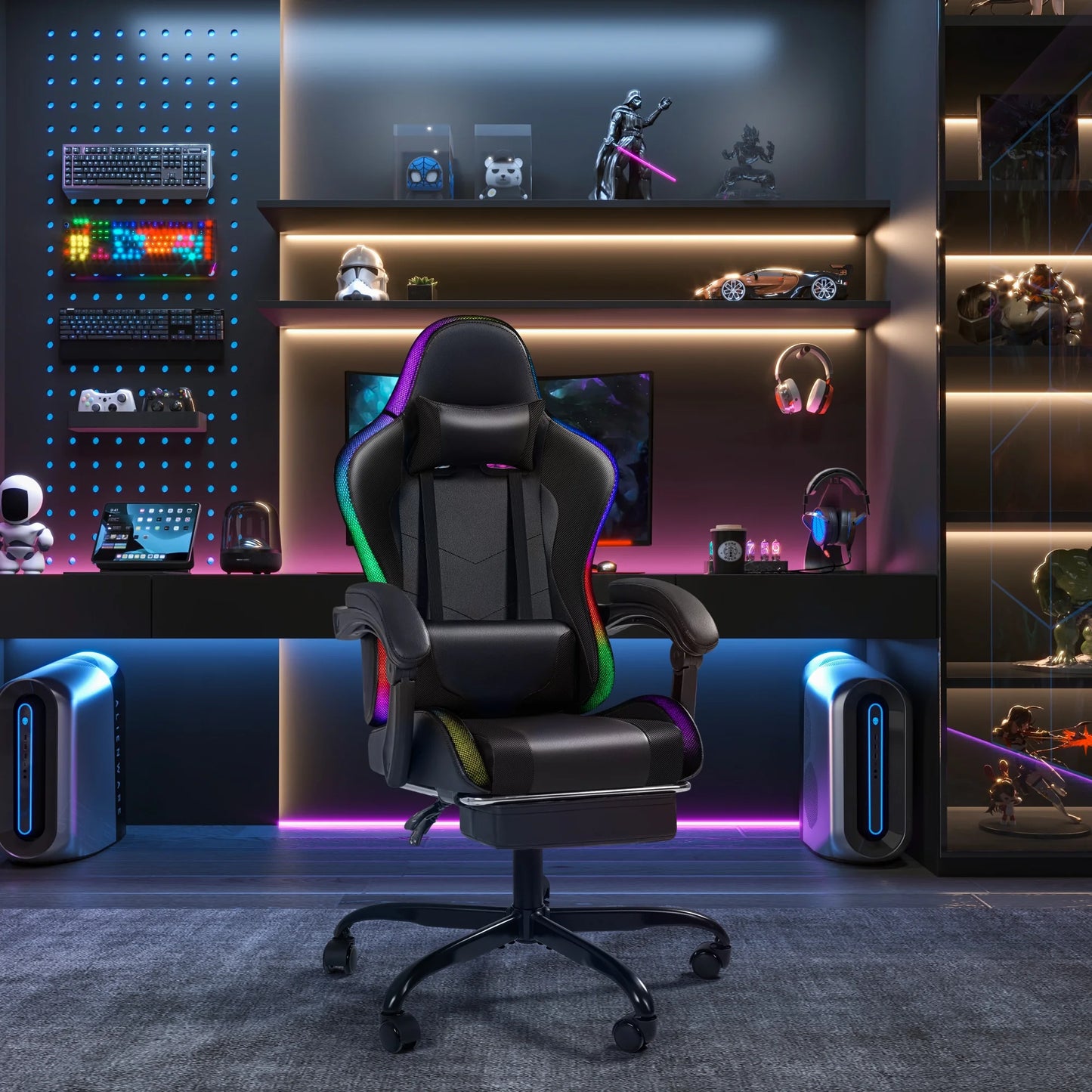 Homall RGB Gaming Chair with Massage and LED Lights Ergonomic Computer Chair with Footrest E-Sports Chair with Adjustable Lumbar Support Reclining Video Game Chair, Black