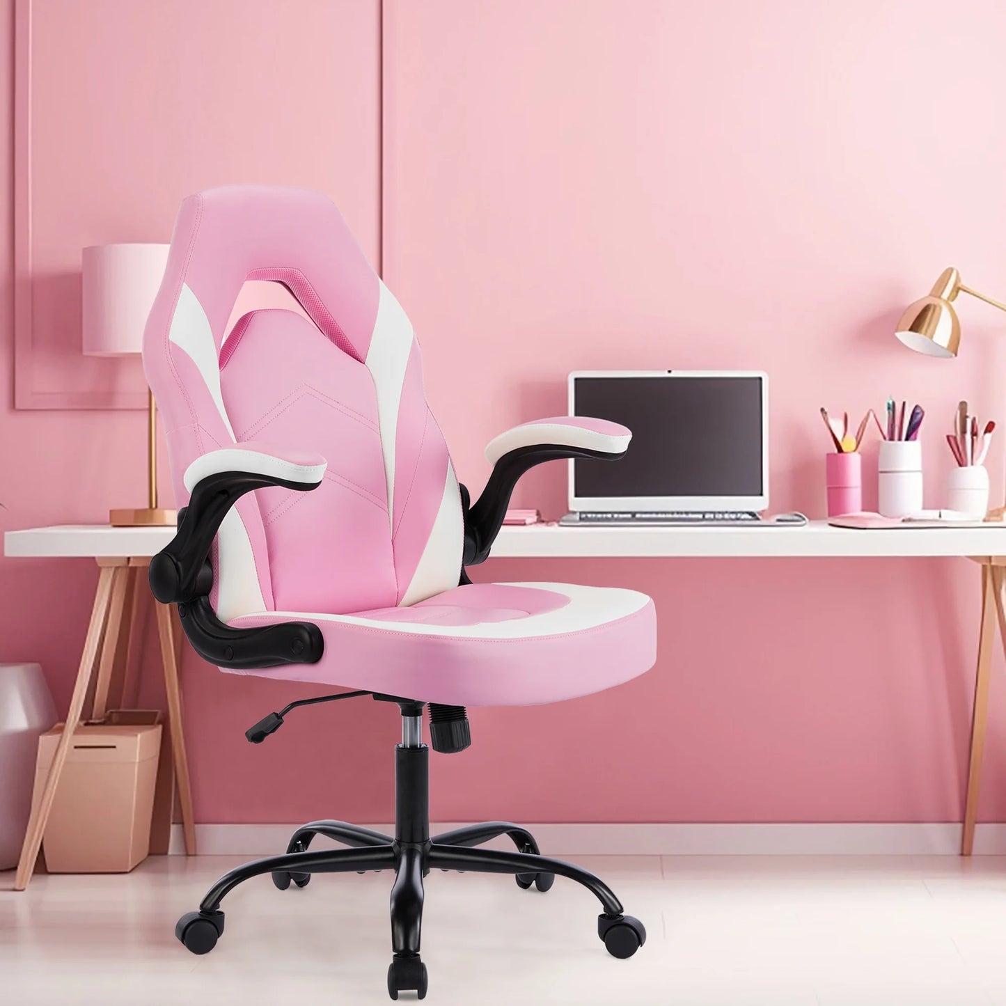 Computer Gaming Desk Chair - Ergonomic Office Executive Adjustable Swivel Task PU Leather Racing Chair with Flip-Up Armrest, Pink White