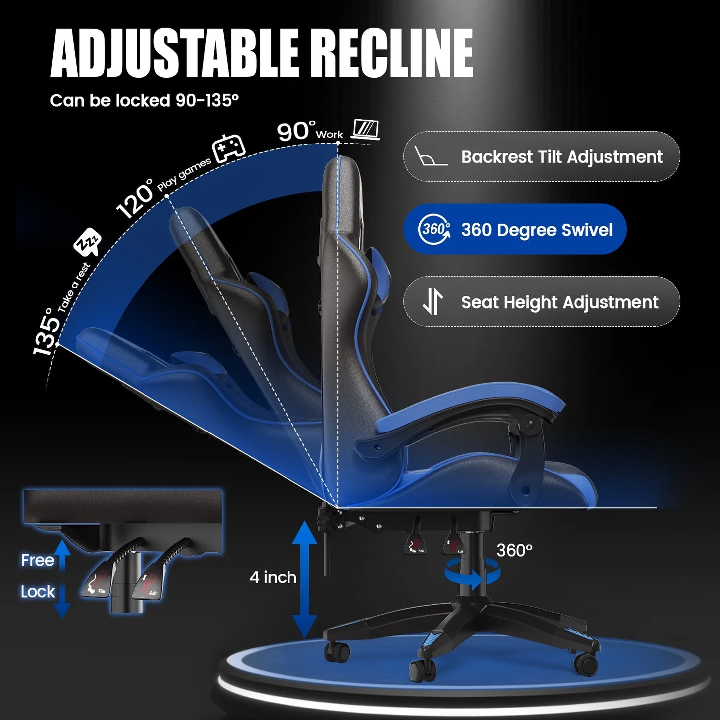 Gaming Chair, Ergonomic Computer Chair with Lumbar Support and Headrest, Blue