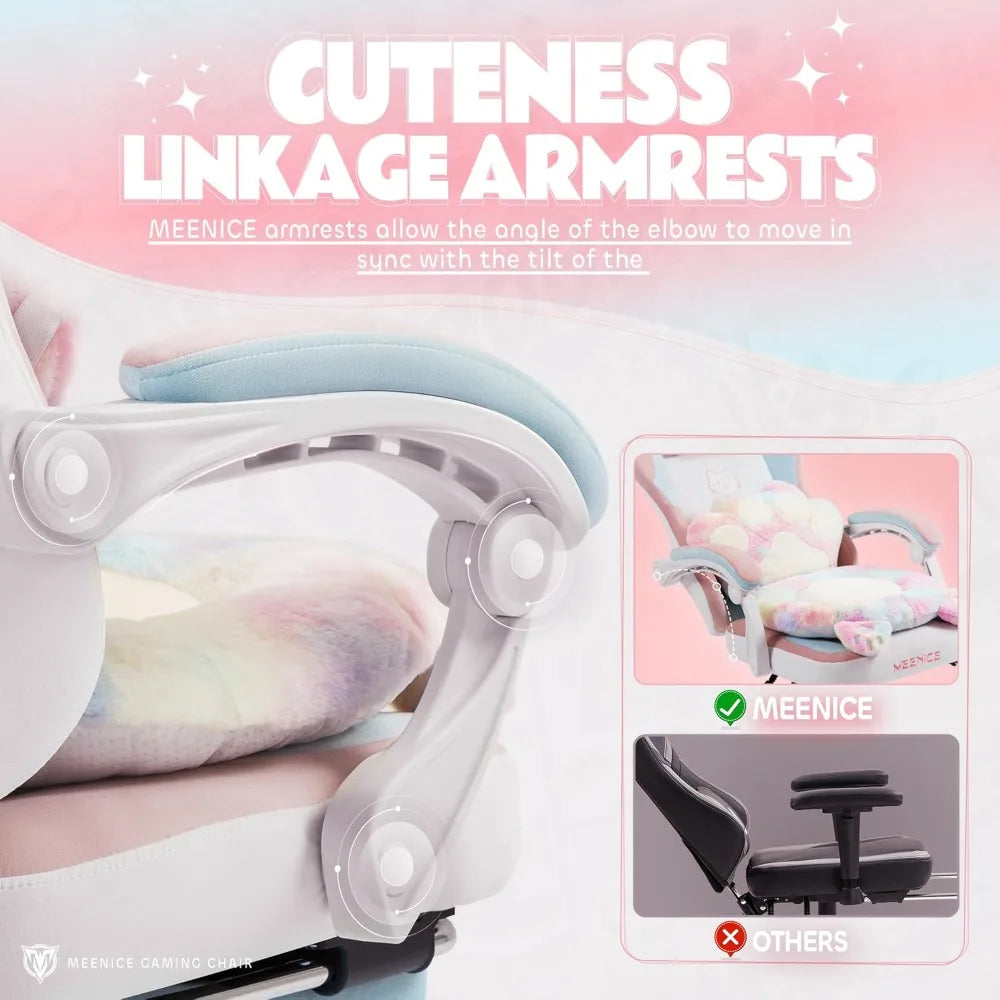 Gaming Chair Cute with Cat Ears Paw Lumbar and Cushion,Ergonomic Computer Chair with Footrest,Reclining PC Game Chair for Girl