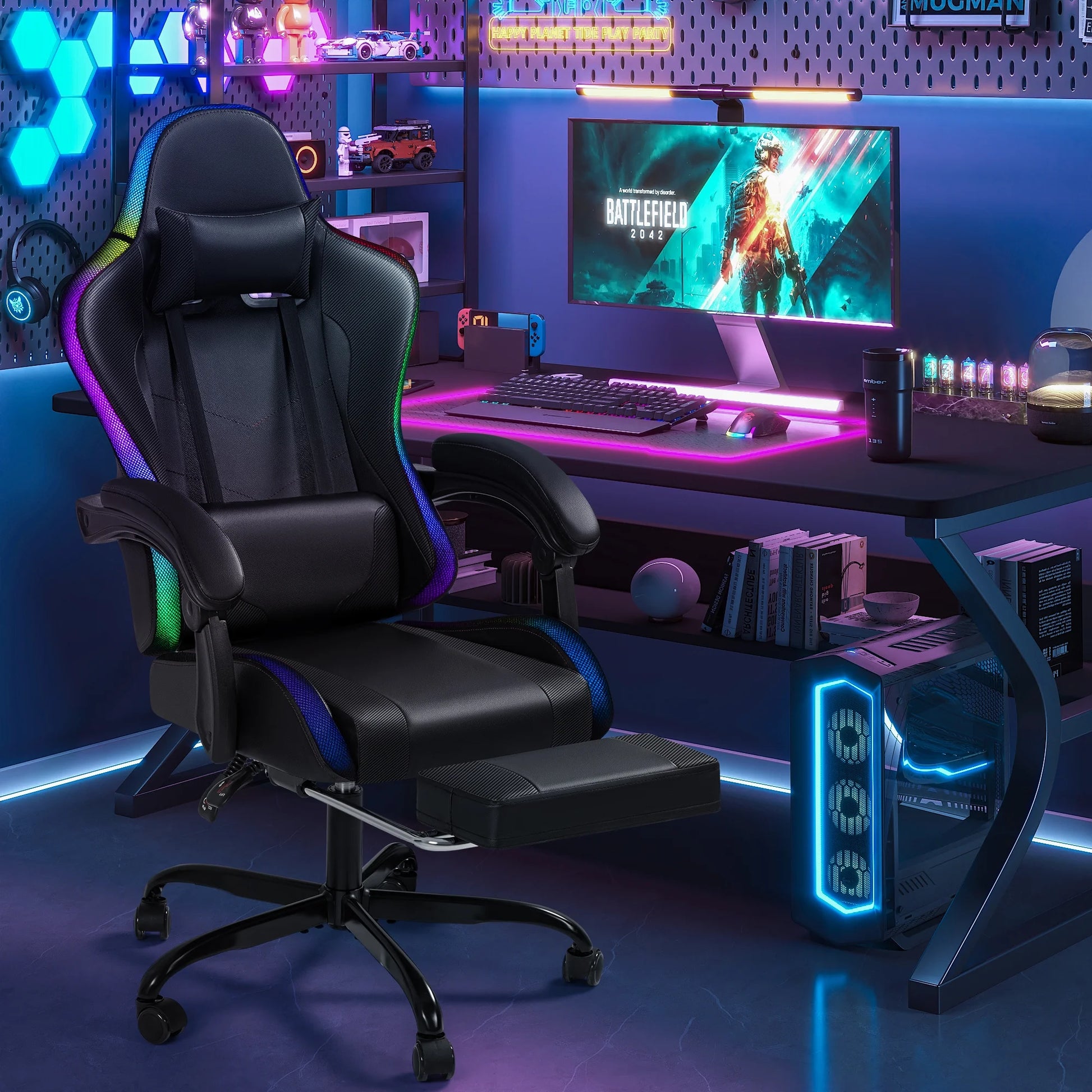 Homall RGB Gaming Chair with Massage and LED Lights Ergonomic Computer Chair with Footrest E-Sports Chair with Adjustable Lumbar Support Reclining Video Game Chair, Black
