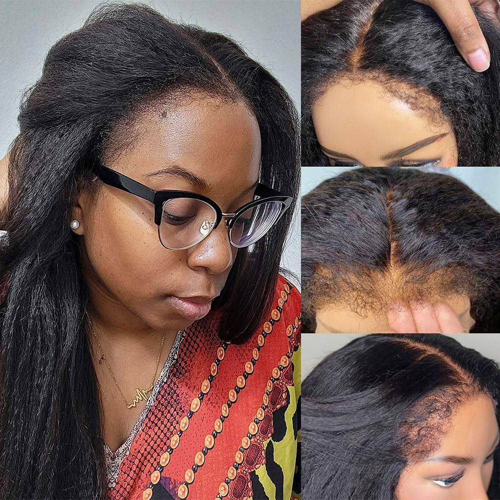Bye Bye Knots Glueless Wig Pre Cut Lace Wear and Go Glueless Pre Plucked Wig Kinky Straight Human Hair Wig with 4C Edges Hairline 5X5 Closure Wigs Skinlike HD Lace Wig 180% Density (20Inches)