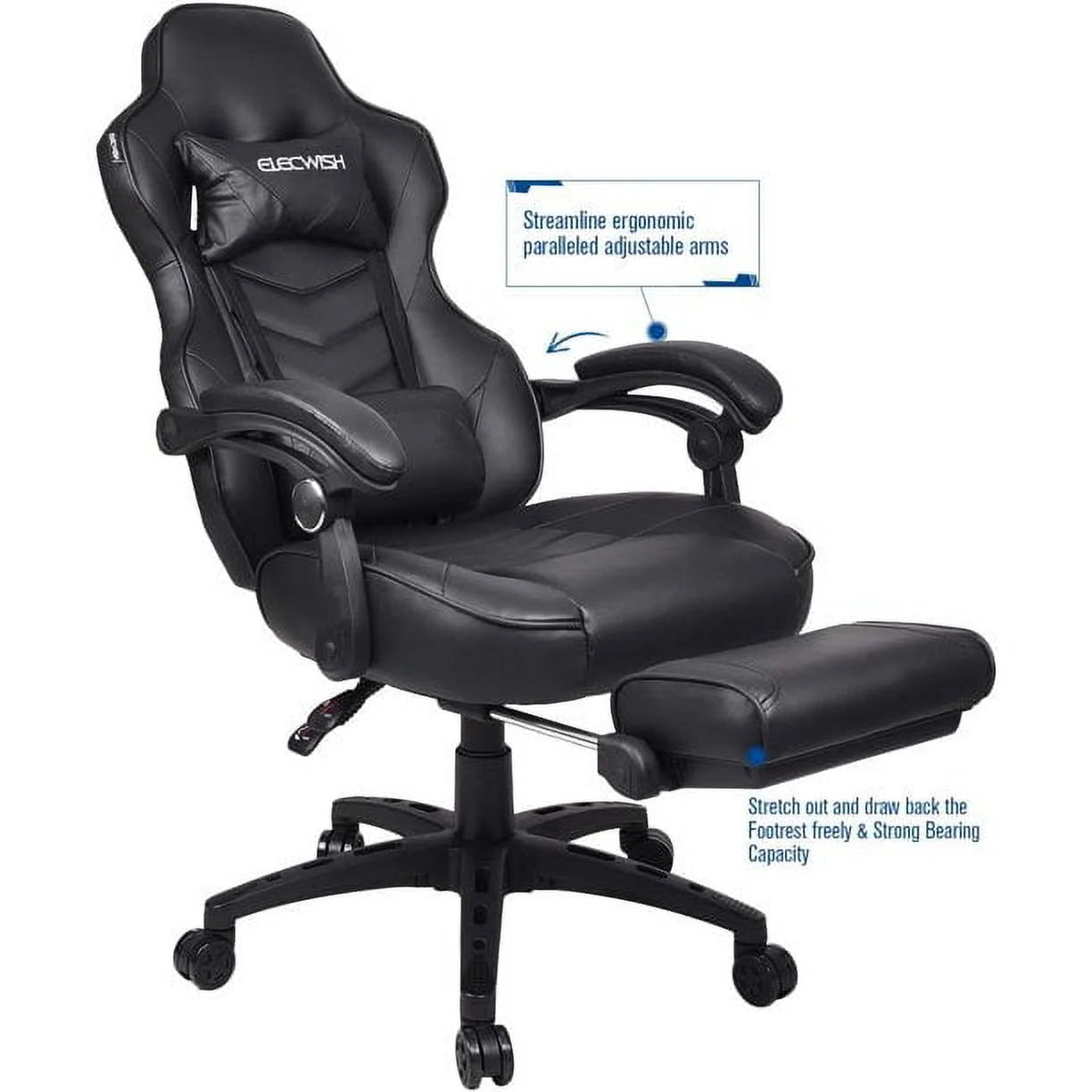 Racing Style Reclining Gaming Chair High Back Large Size Ergonomic Adjustable Swivel Computer Chair with Footrest Headrest and Lumbar Support PU Leather Executive Office Chair (Black)
