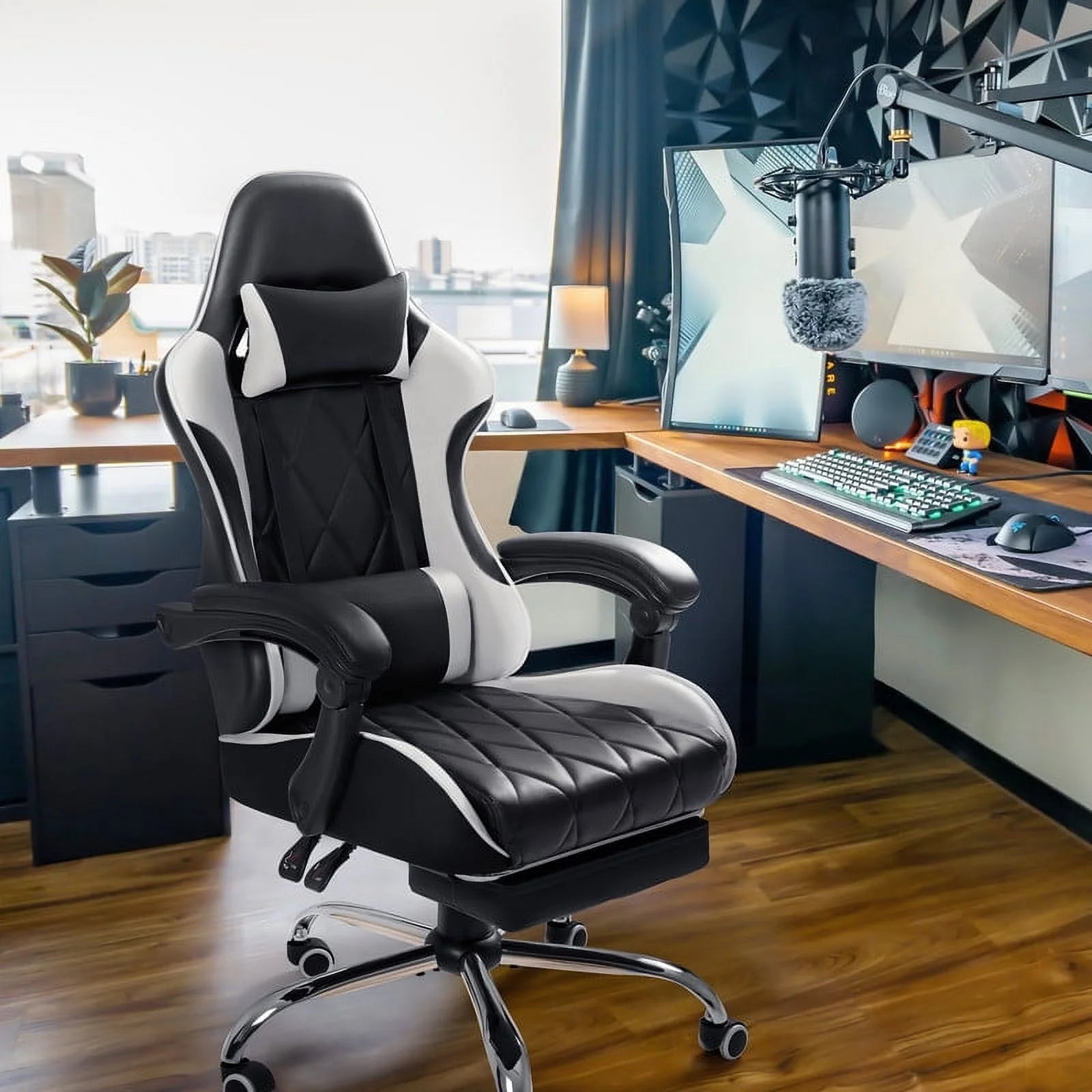Gaming Chair Massage Office Chair Computer Racing Chair High Back PU Leather Chair, White