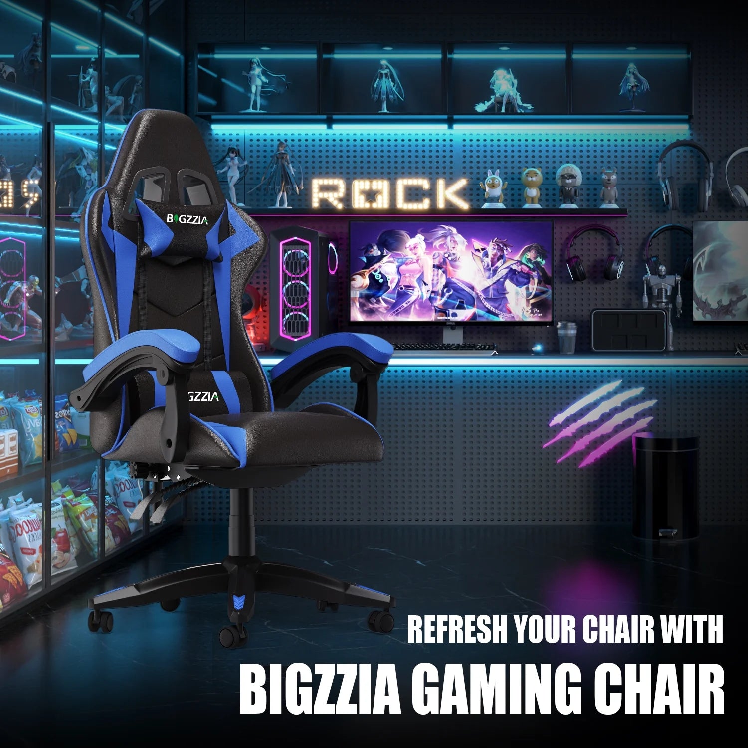 Gaming Chair, Ergonomic Computer Chair with Lumbar Support and Headrest, Blue