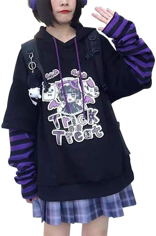 BZB Women'S Halloween Cute Hooded Sweatshirt Harajuku Street Style Super Cute Fake Two Piece Pullover Purple