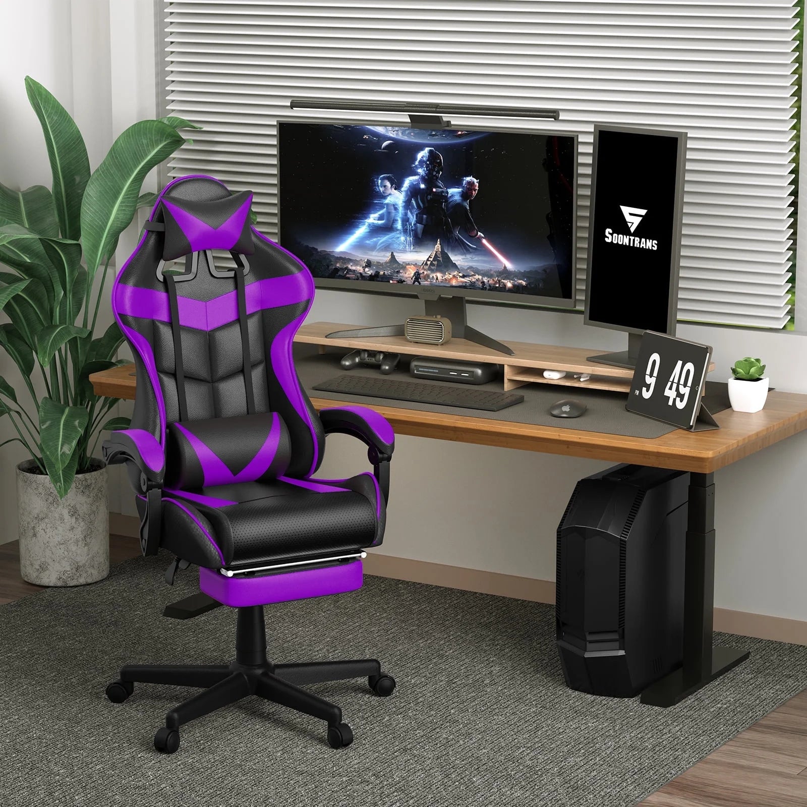 Gaming Chair Office Chair with Footrest, Computer Chair with Massage Lumber Pillow, High Back Ergonomic Gamer Chairs, Swivel Game Desk Chair, Purple
