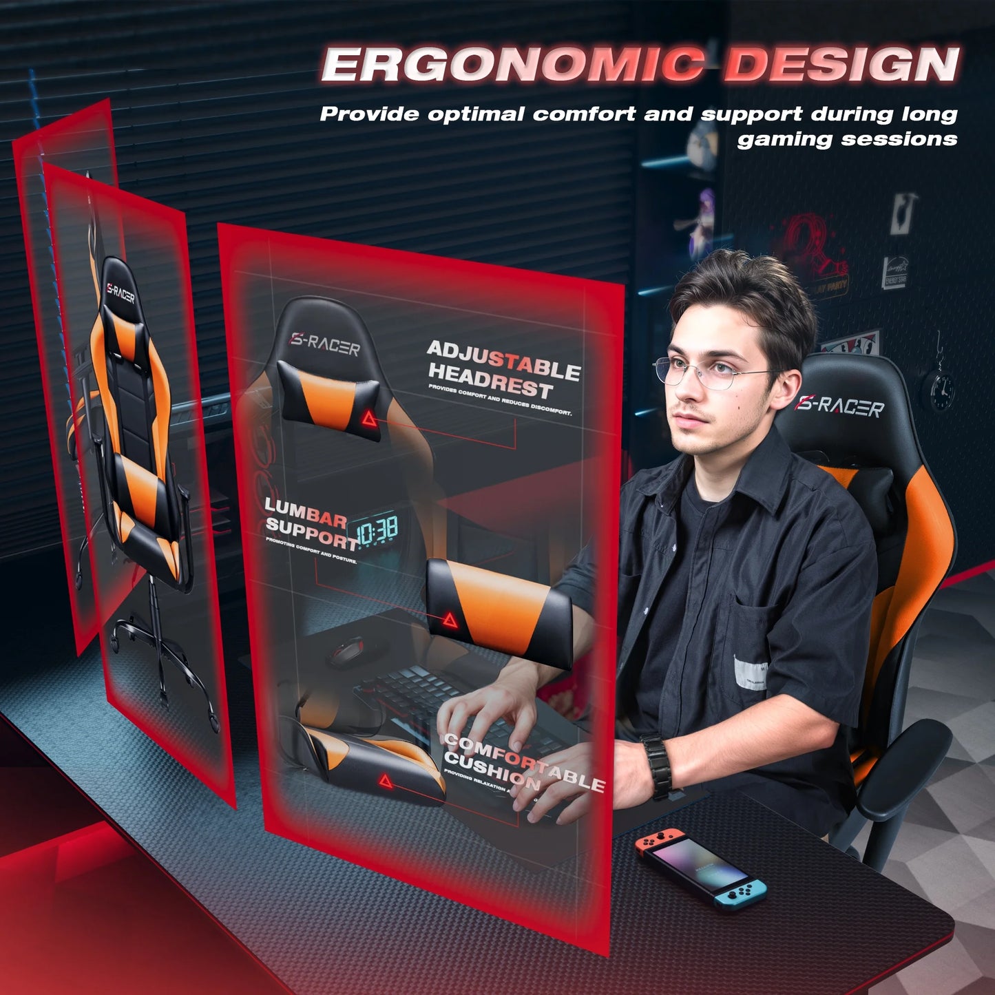 Gaming Chair Office Chair High Back Racing Computer Chair PU Leather Adjustable Seat Height Swivel Chair Ergonomic Executive Chair with Headrest, Orange