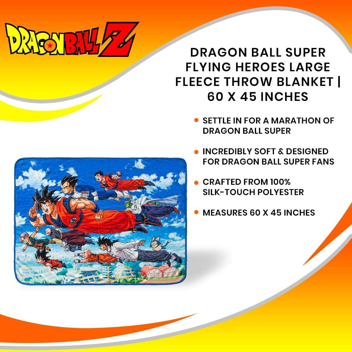 Dragon Ball Super Flying Heroes Large Anime Fleece Throw Blanket | Official Dragon Ball Super Throw Blanket | Collectible Anime Throw Blanket | Measures 60 X 45 Inches