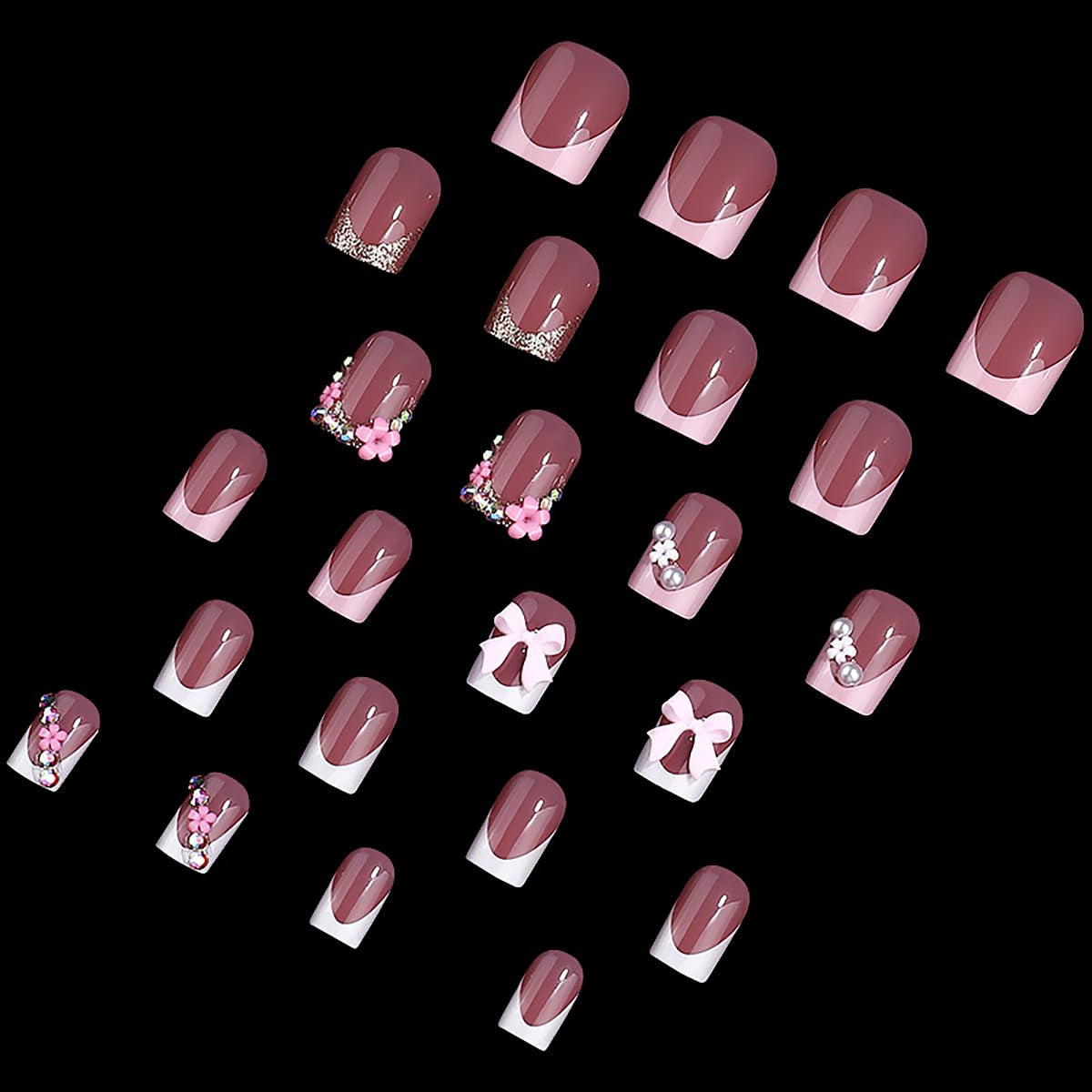 24Pcs Pink Press on Nails Short Square Fake Nails French Tip Press Ons with Flower Bow Charms Design Acrylic False Nails Glitter Rhinestone Glue on Nails Glossy Artificial Stick on Nails Kit for Women