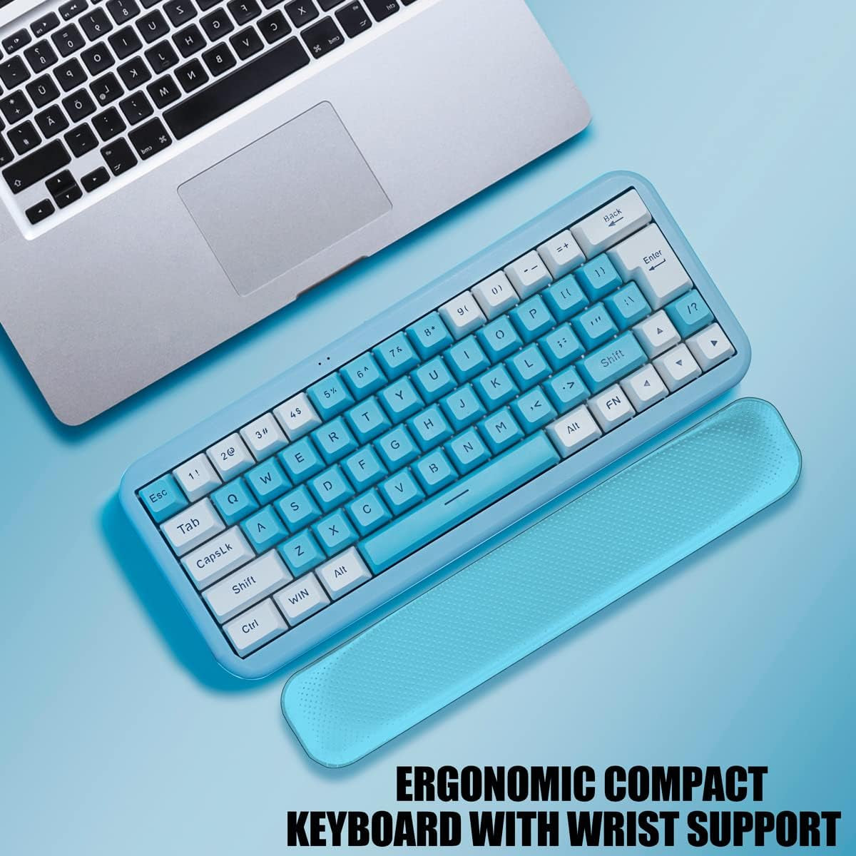 7KEYS 60% 2.4G Wireless Gaming Keyboard with Wrist Rest, Compact 63 Keys Mini RGB Light up Keyboard for PC Mac Laptop, Portable, Rechargeable Quiet for Typing and Gaming (Blue&White)