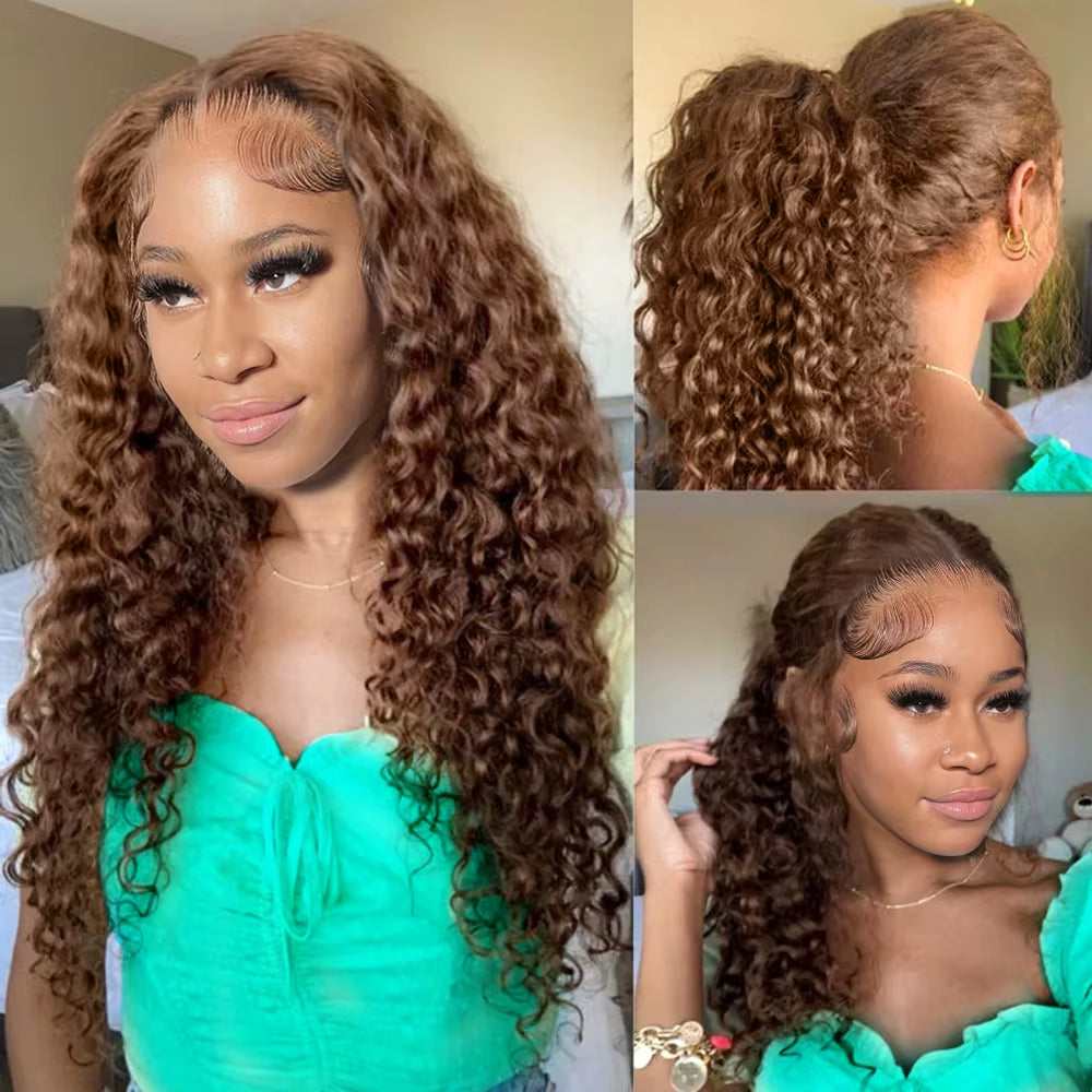 250 Density Invisi Strap 360 Full Lace Glueless Wig Chocolate Brown Water Wave Lace Front Wig Deep Wave Frontal Wig Human Hair