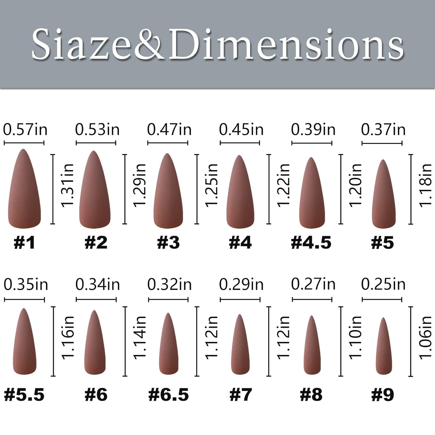 120Pcs Stiletto Press on Nails Long Full Cover Matte Brown Fake Nails Acrylic Pure Colored False Nails for Women and Girls DIY Manicure 10 Sizes