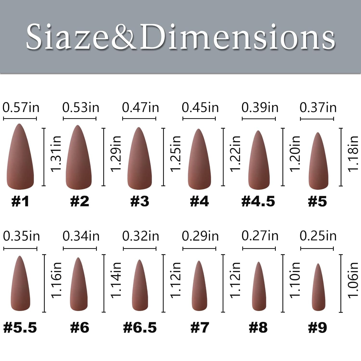 120Pcs Stiletto Press on Nails Long Full Cover Matte Brown Fake Nails Acrylic Pure Colored False Nails for Women and Girls DIY Manicure 10 Sizes