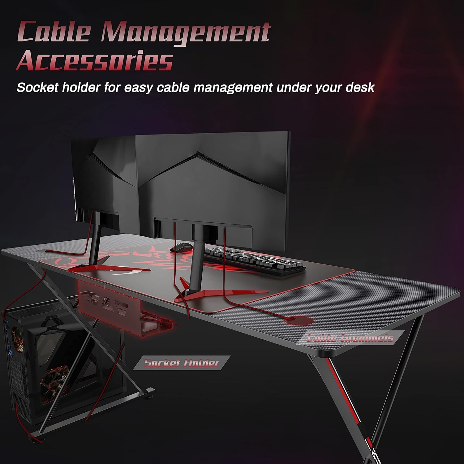 Gaming Desk 55 Inch,Pc Gaming Table, X Shaped Gaming Computer Desk with Mouse Pad, Carbon Fiber Home Office Gamer Desk with Cup Holder & Headphone Hook & Controller Stand,Black