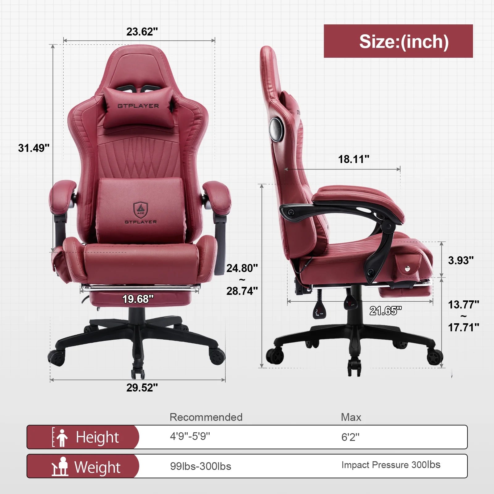 Gtplayer Pro Gaming Chair with Footrest, Dual Bluetooth 5.1 Speakers PVC Leather Recliner, Winered