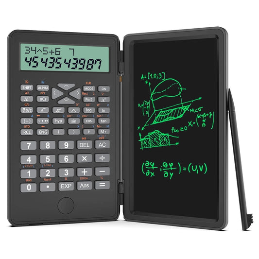 Desktop Scientific Calculator with Erasable Writing Board, 10-Digit LCD Display Foldable Desk Calculator, 2 Line Physics Calculator for School Students, Financial, Office, Business, Engineering