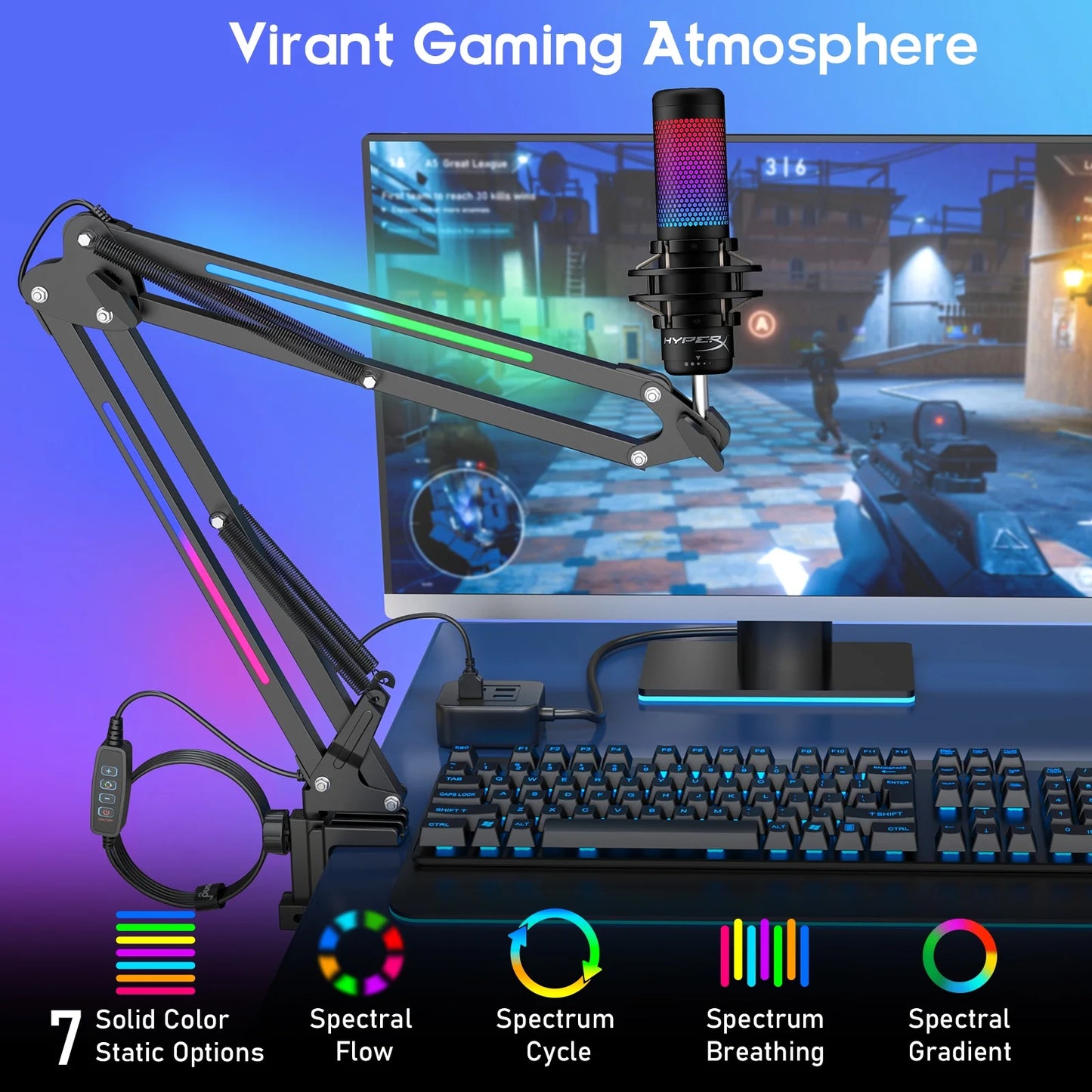 RGB Boom Microphone Stand, Adjustable Suspension Boom Arm, Compatible with Blue Yeti, Snowball, Quadcast for Gaming, Streaming, Podcasting, Includes 3/8" to 5/8" Adapter