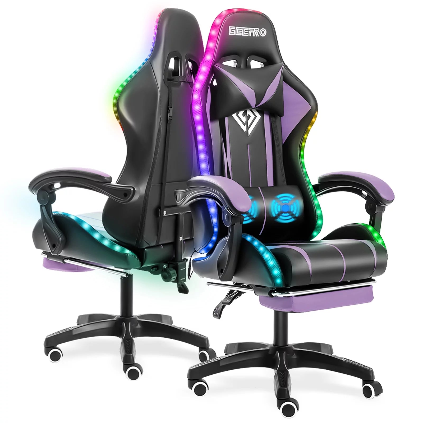 Gaming Chair with Massage PU Leather Office Chair with Footrest and LED Light Ergonomic Gamer Chair Lumbar Support Adjustable Headrest High Back Computer Chair for Home Office