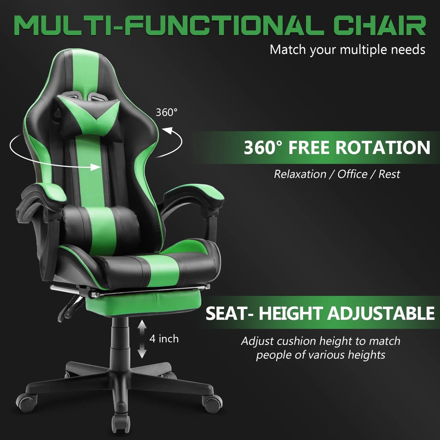 SOONTRANS Ergonomic High Back Gaming Chair with Footrest & Massage Lumbar Pillow, Green