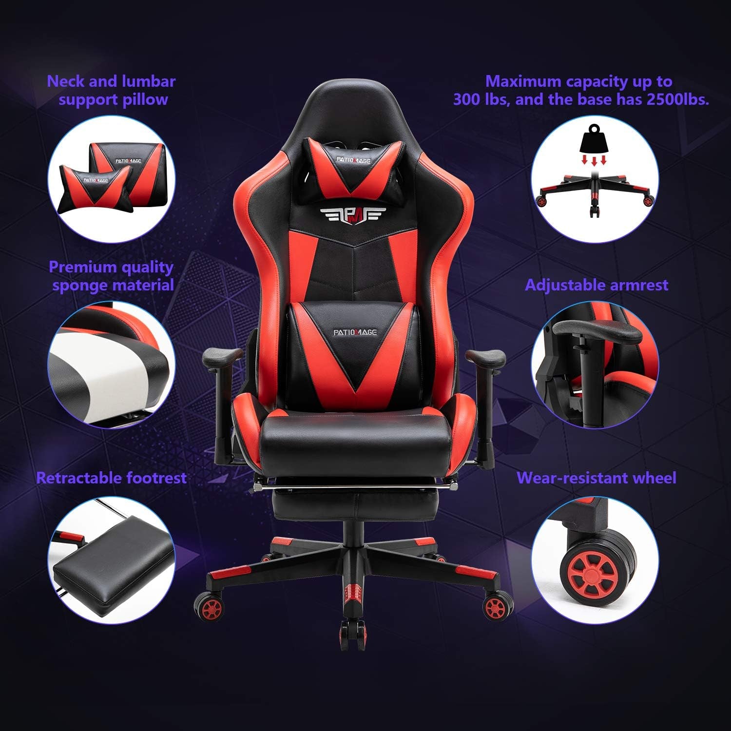 Office Chair, Gaming Chair Racing Office Chair Desk Chair Headrest Lumbar Support Comfortable Computer Game Chair PU Leather Ergonomic Reclining PC Gaming Chairs