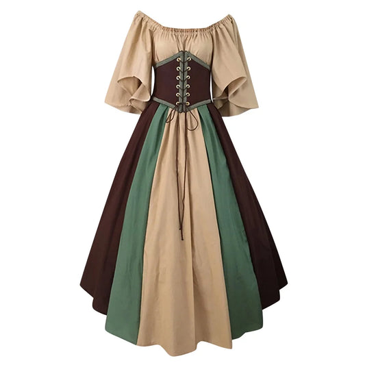 Womens Renaissance Medieval Costume Dress Vintage Gothic Patchwork Ball Gown Regency Dresses Gothic Steampunk Dress Lace Neck Dress Coffee_A S