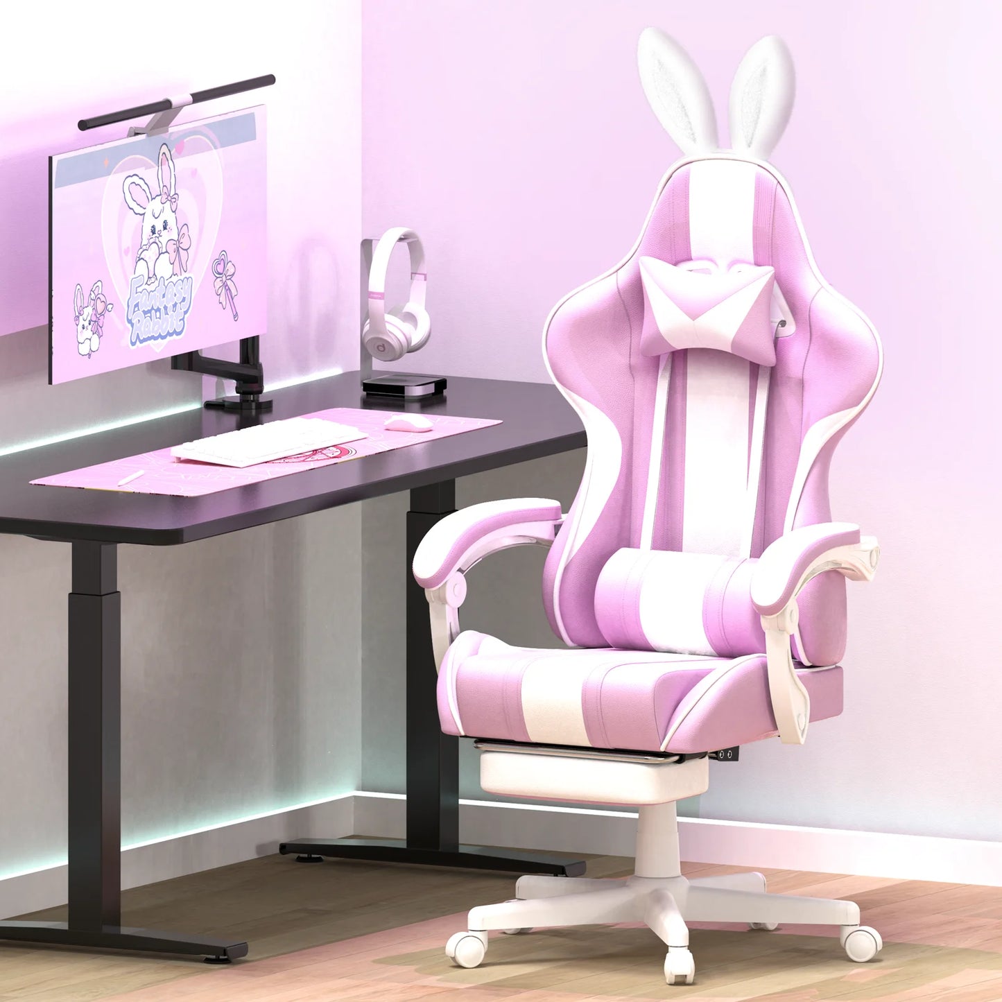 Purple Gaming Chair with Footrest, Ergonomic Game Gamer Chair with Massage Lumbar Pillow & Adjustable Headrest, High Back Office Computer Cute Bunny Ears for Adults S Girls, Light Purple