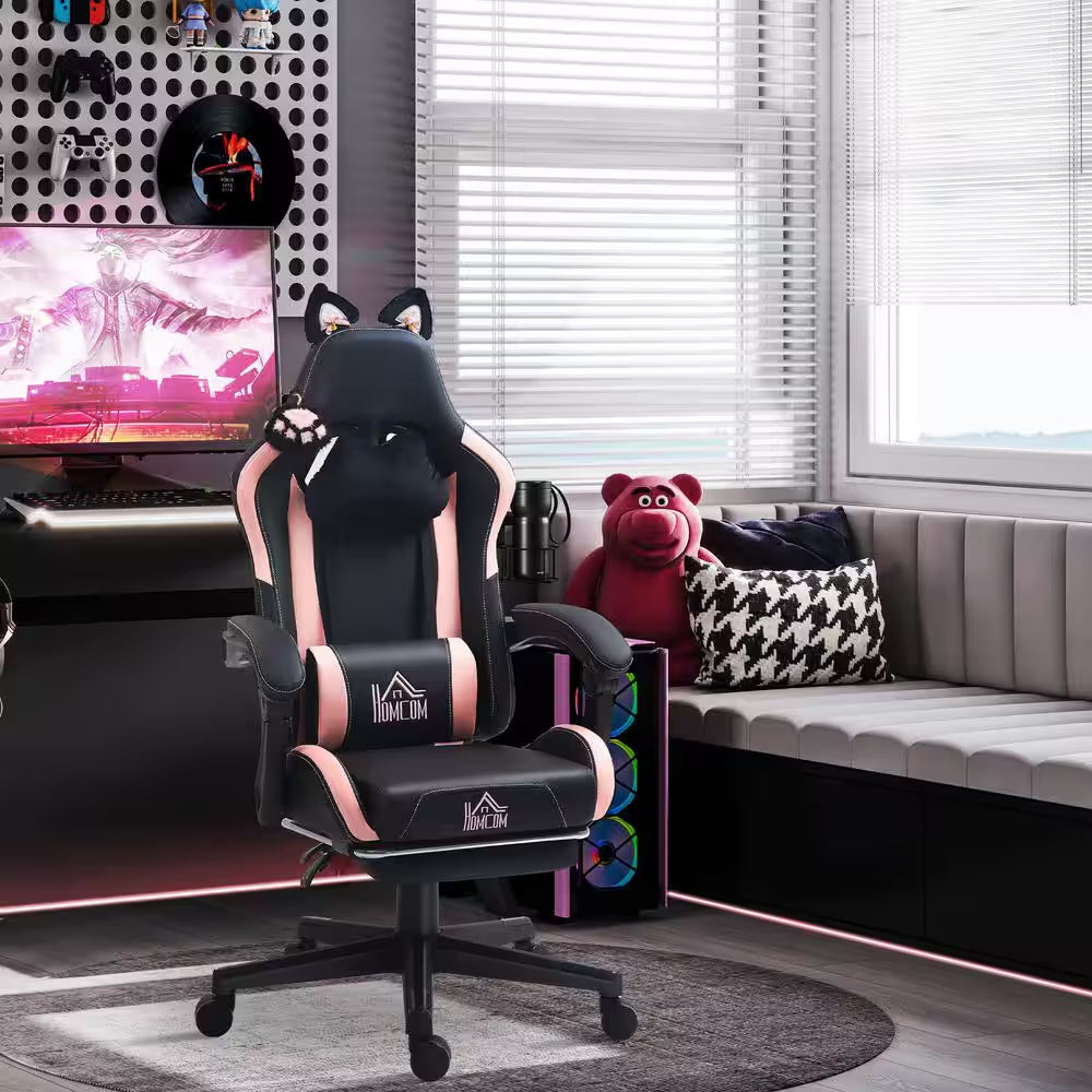 Faux Leather Cat Ear, Pillow, Adjustable Height, Tilt Gaming Chair in Black and Pink