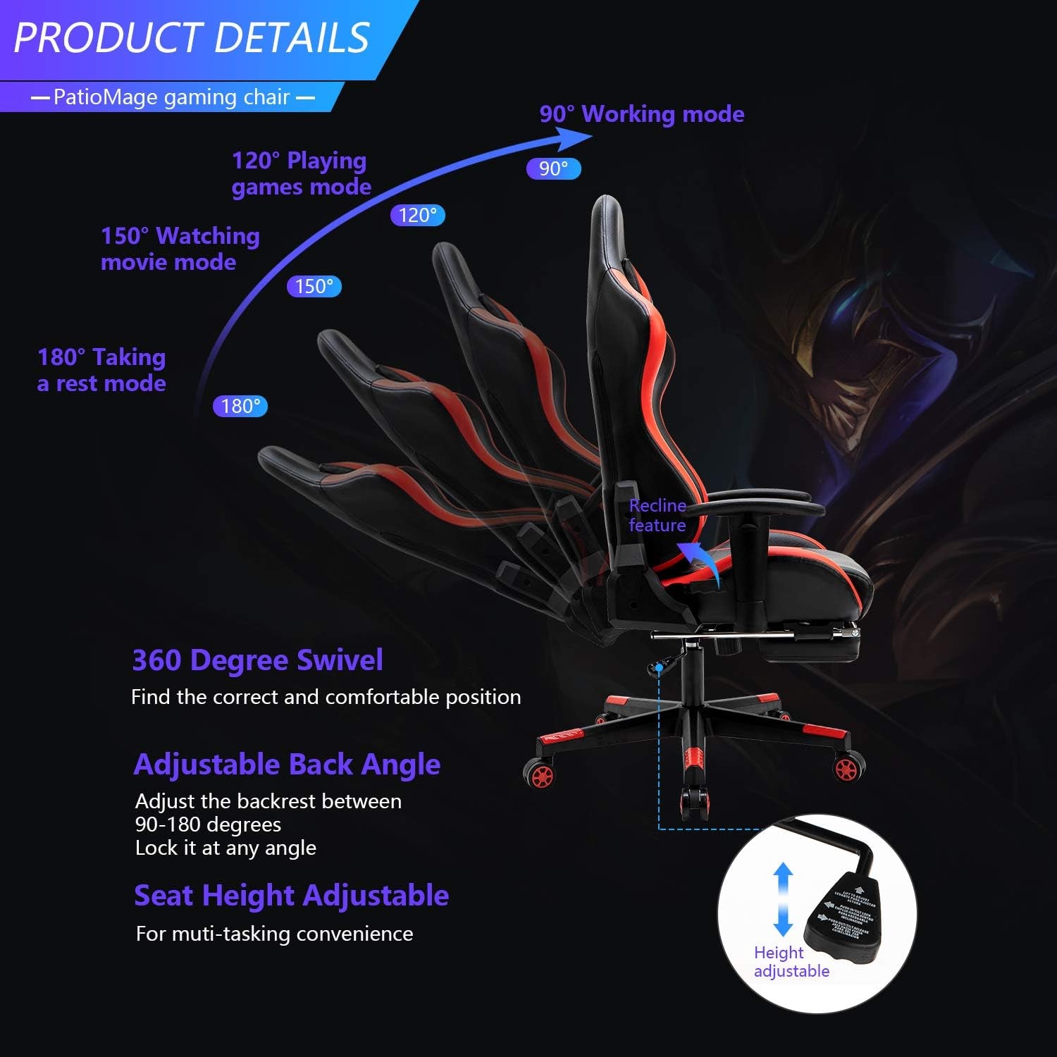 Office Chair, Gaming Chair Racing Office Chair Desk Chair Headrest Lumbar Support Comfortable Computer Game Chair PU Leather Ergonomic Reclining PC Gaming Chairs