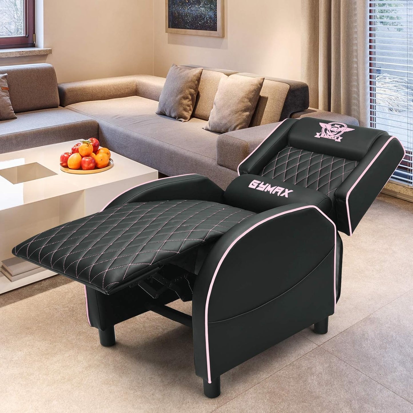 Gaming Chair Recliner with Footrest Breathable PU Leather Massage Recliner - Ergonomic Sofa Computer Chair with Lumbar Support Headrest and Side Pouch for Living Room Home Theater,Pink