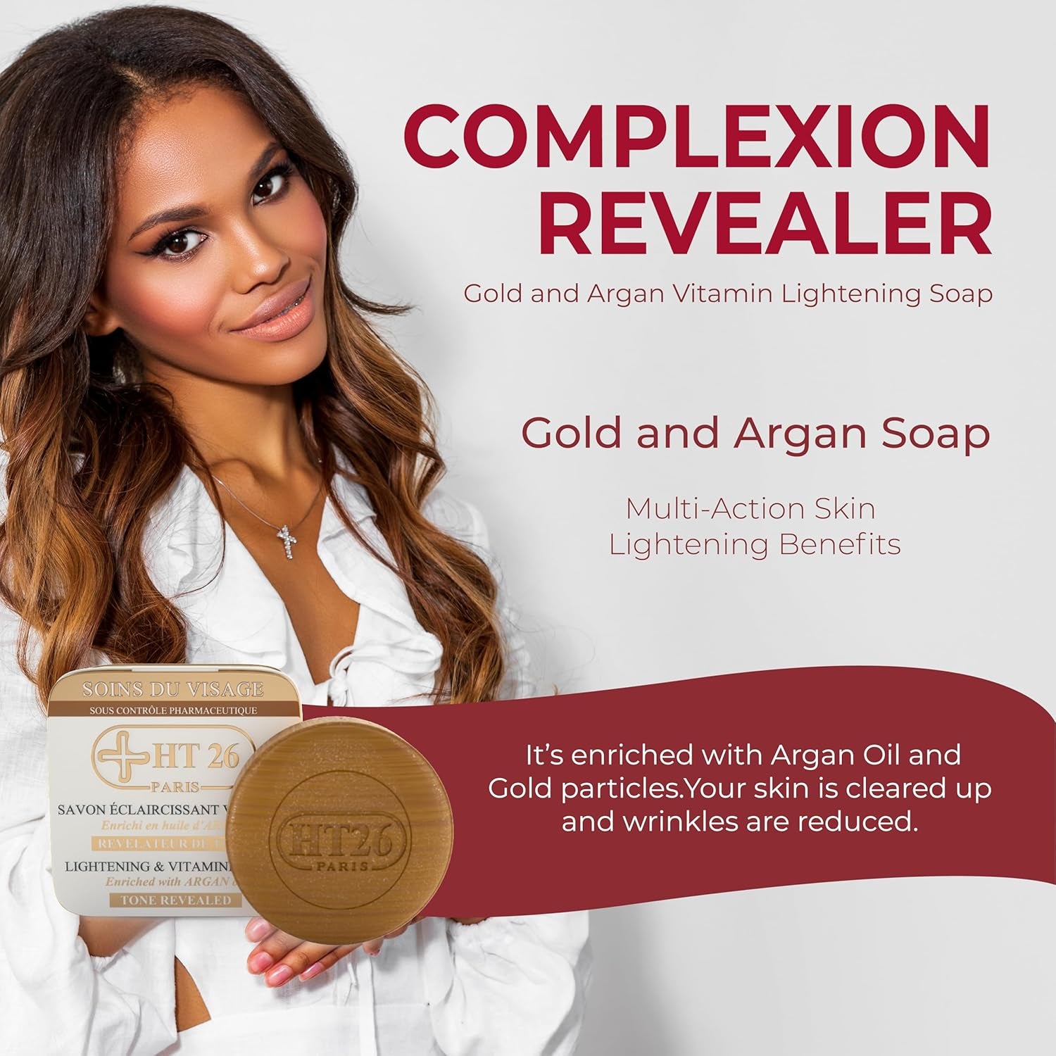 HT26 Lightening Gold and Argan Oil Soap for Melanin Rich Skin - Luxurious Rejuvenating Soap for Radiant Skin - Cleansing Gold & Argan Bar Soap - Skin Care for Women of Color - 150G