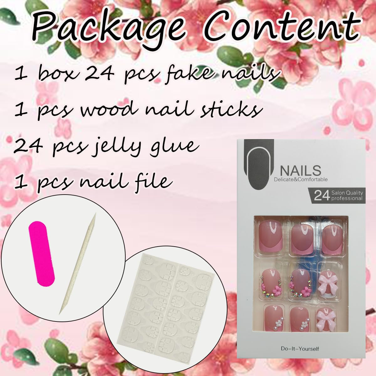 24Pcs Pink Press on Nails Short Square Fake Nails French Tip Press Ons with Flower Bow Charms Design Acrylic False Nails Glitter Rhinestone Glue on Nails Glossy Artificial Stick on Nails Kit for Women