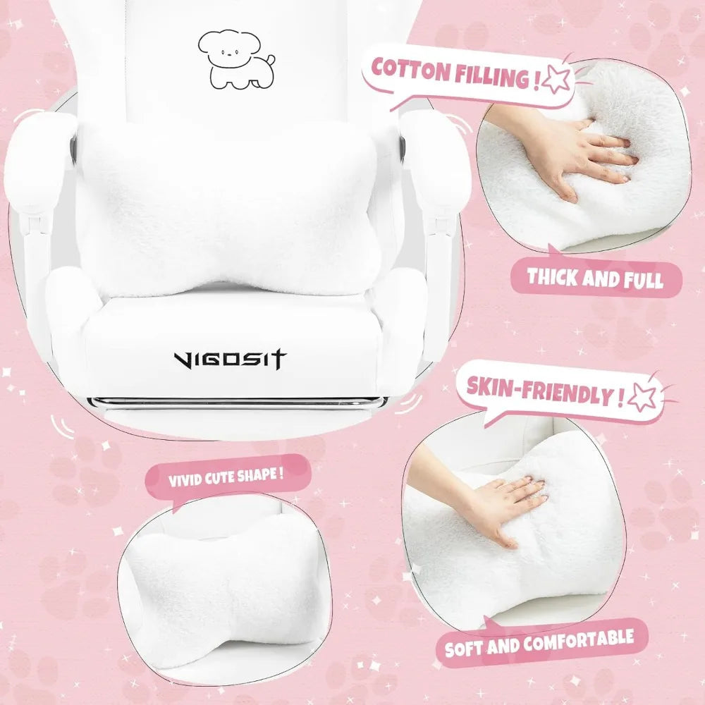 Gaming Chair Cute with Ears and Kawaii Cushion, Ergonomic Computer Game Chair for Girl with Lumbar Support and Footrest, Comfort