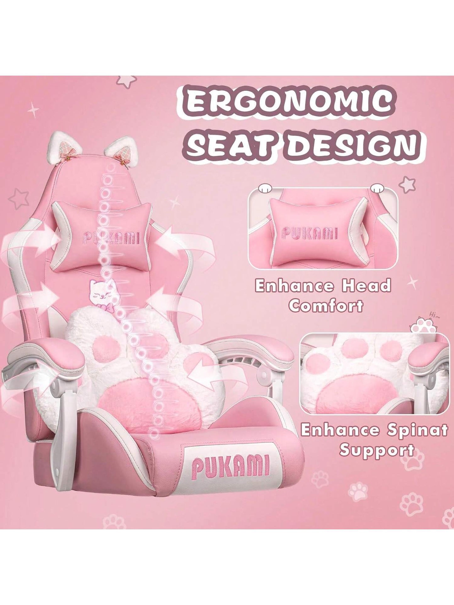 VITESSE Pink Gaming Chair | Cat Ears, Cat Paw Cushion Pillow, Footrest, Ergonomic, Kawaii, Reclining | Girl, Cute Video Gme Chair, Gift for Girls, Christmas Thanksgiving Cyber Monday Gift