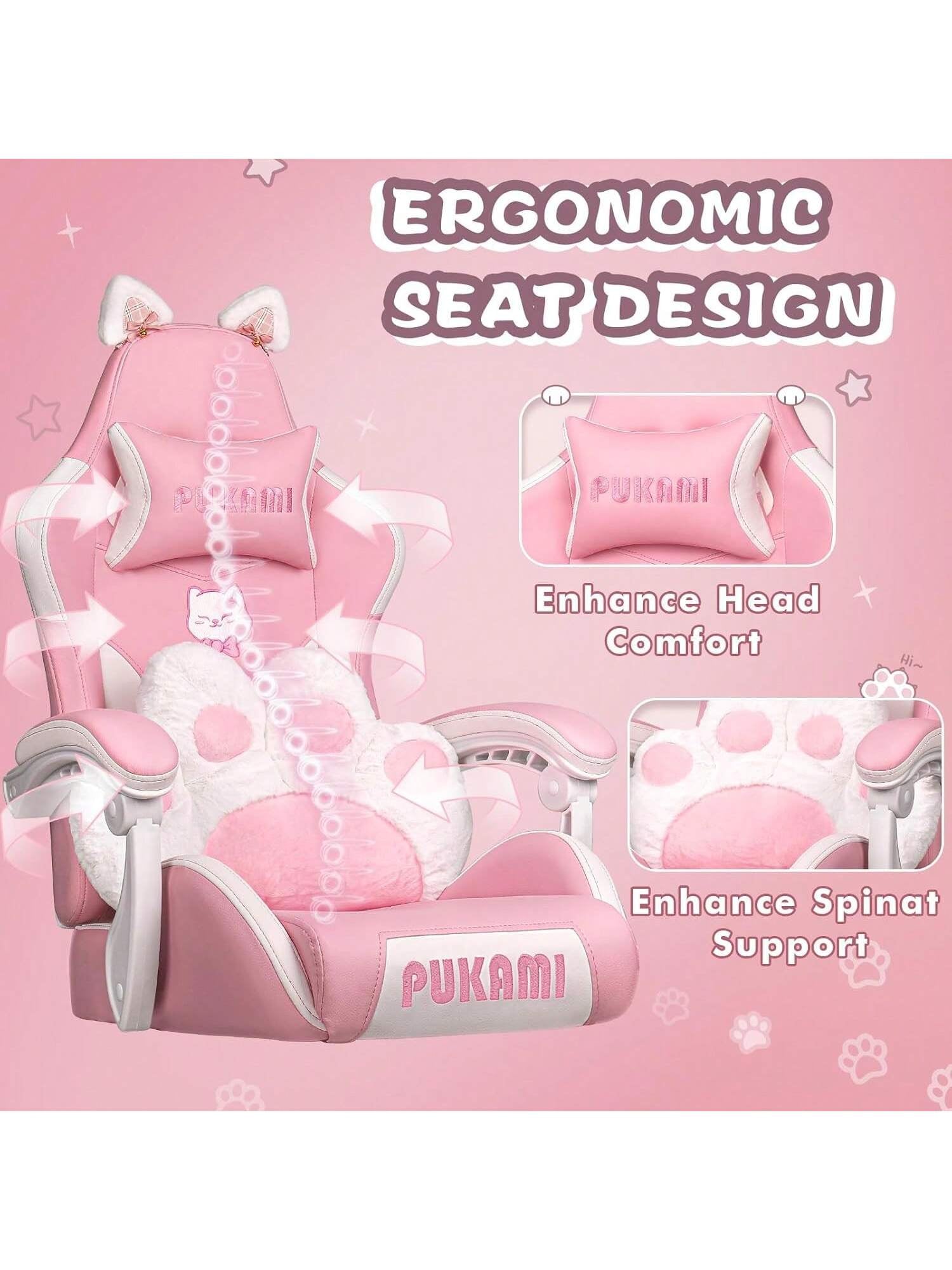 VITESSE Pink Gaming Chair | Cat Ears, Cat Paw Cushion Pillow, Footrest, Ergonomic, Kawaii, Reclining | Girl, Cute Video Gme Chair, Gift for Girls, Christmas Thanksgiving Cyber Monday Gift