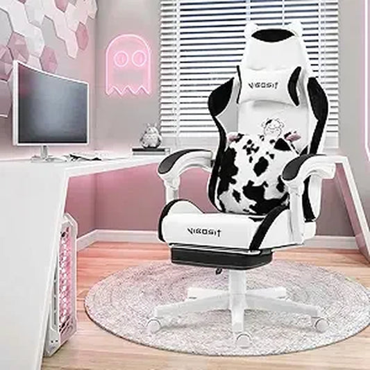Gaming Chair Cute with Ears and Kawaii Cushion, Ergonomic Computer Game Chair for Girl with Lumbar Support and Footrest, Comfort