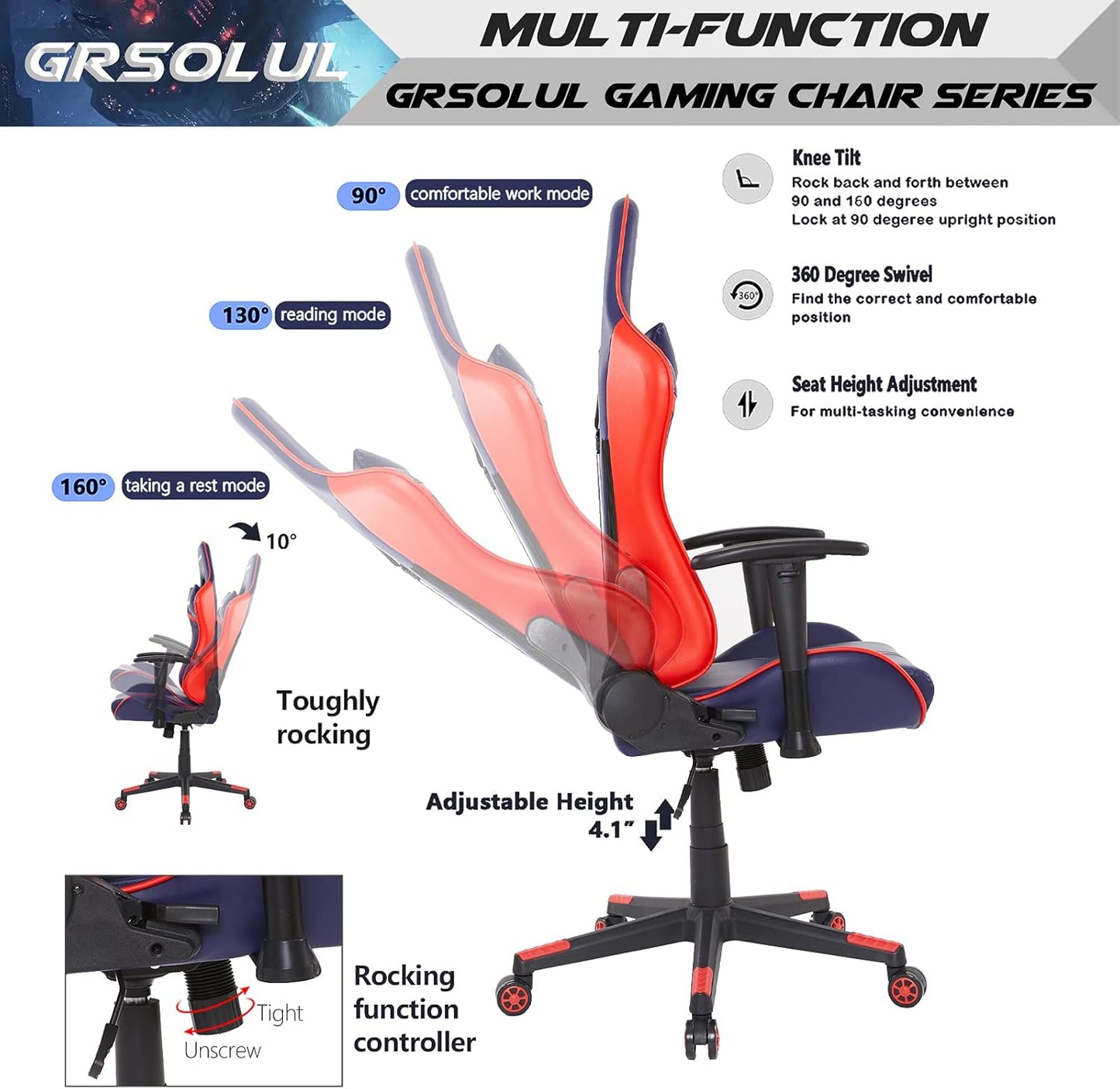 Gaming Chair Ergonomic Video Game Chair with Adjustable Lumbar Support & Headrest,High Back Office Computer Chair for Adults Teens,Blue.