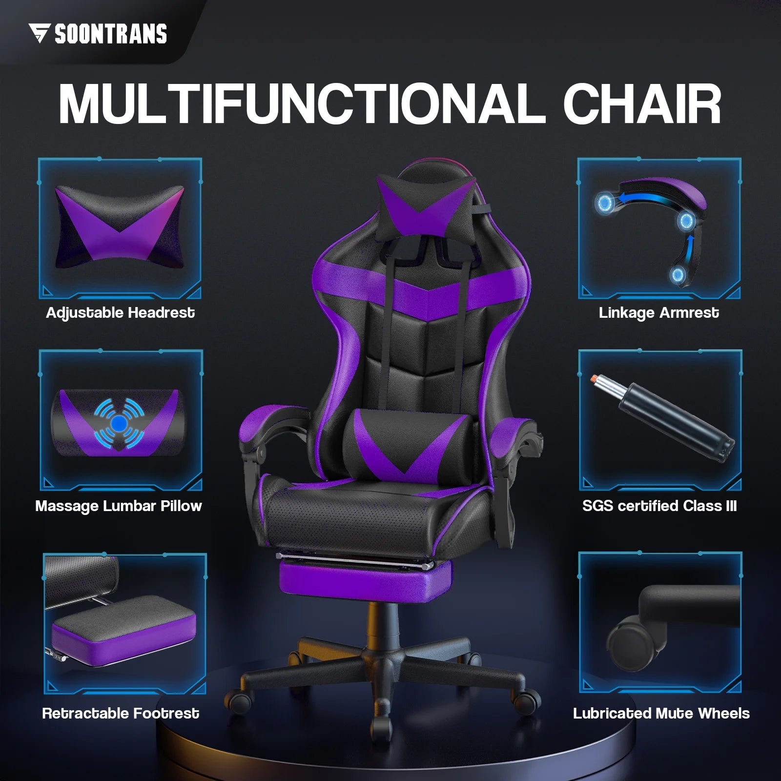 Gaming Chair Office Chair with Footrest, Computer Chair with Massage Lumber Pillow, High Back Ergonomic Gamer Chairs, Swivel Game Desk Chair, Purple