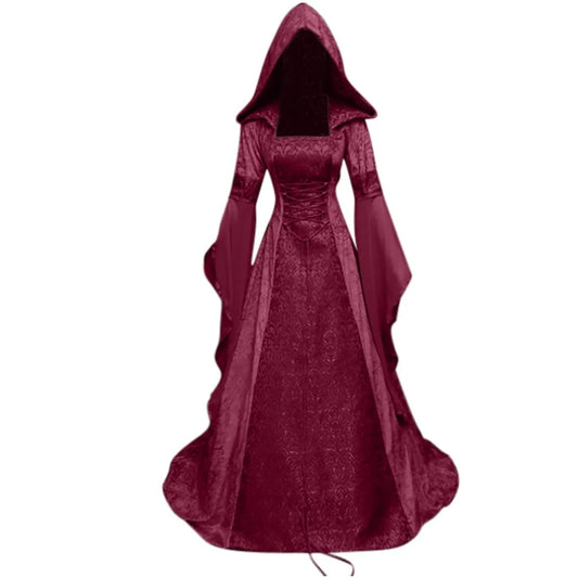 Women'S Hooded Gothic Dres Long Sleeve Hooded a Line Tiered Midi Dress Gothic Dresses for Ladies Lace Bow Tie Gothic Dress Floor Length Cosplay Dress Red M