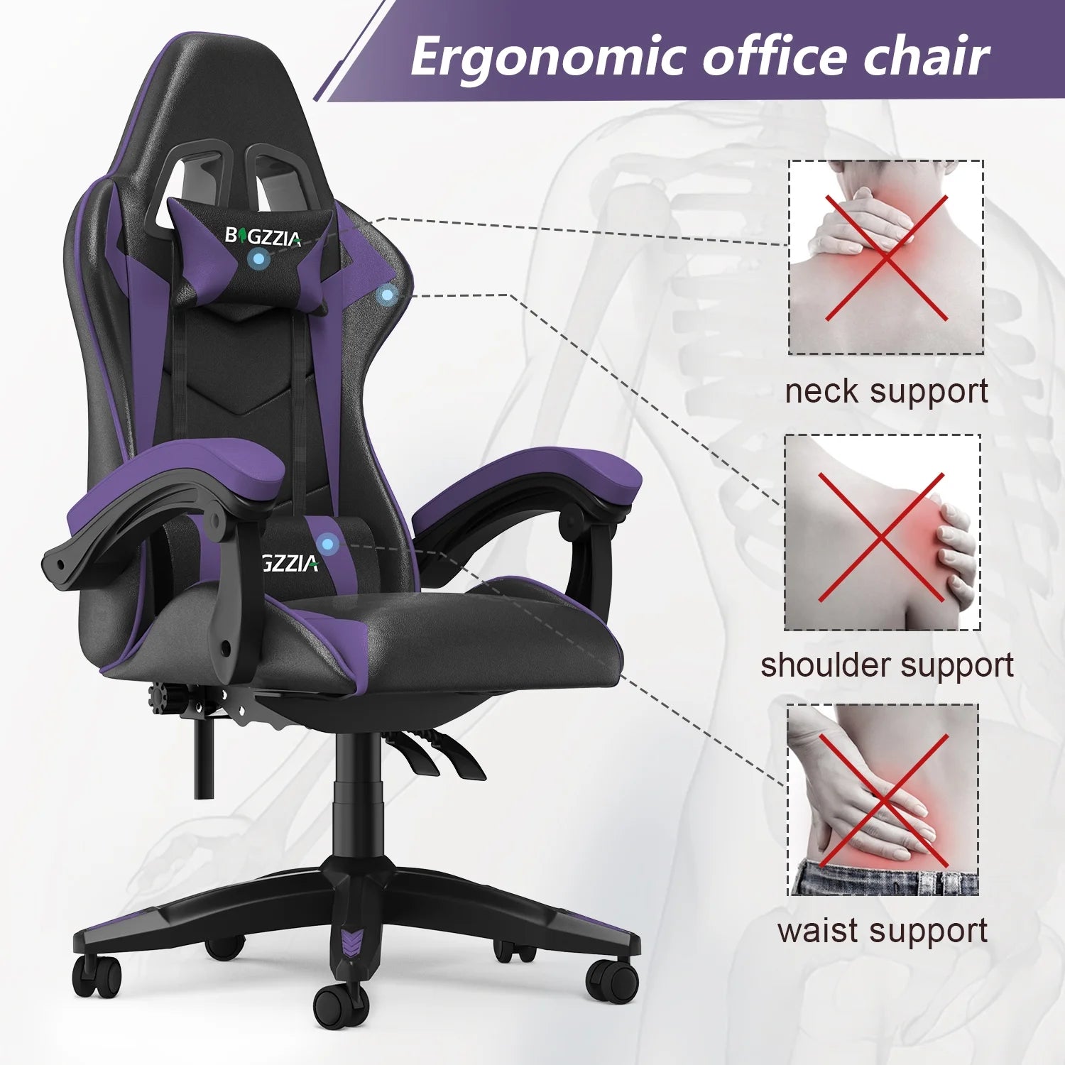High-Back Gaming Chair PC Office Chair Computer Racing Chair PU Desk Task Chair Ergonomic Executive Swivel Rolling Chair with Lumbar Support for Back Pain Women, Men (Purple)