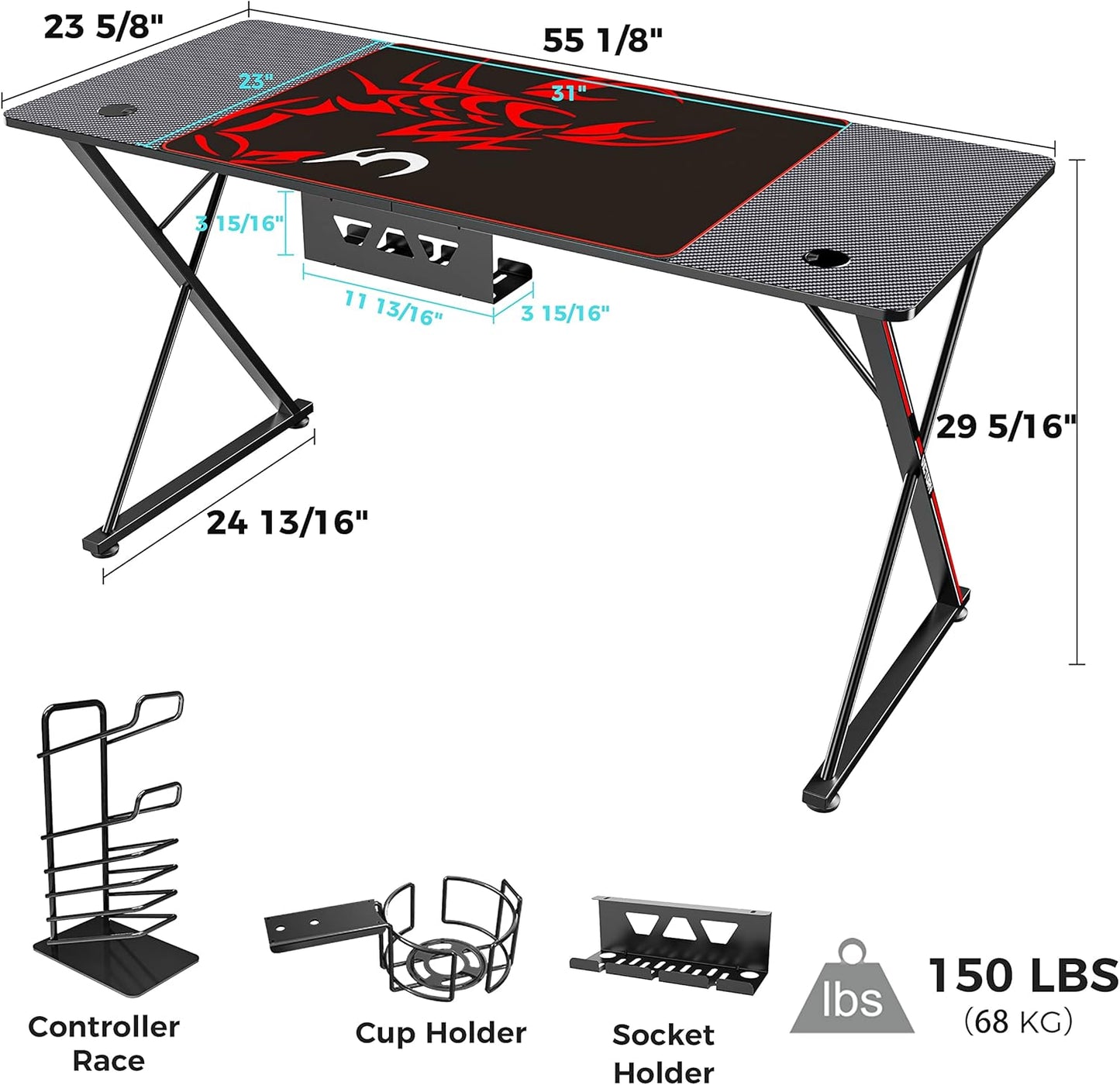 Gaming Desk 55 Inch,Pc Gaming Table, X Shaped Gaming Computer Desk with Mouse Pad, Carbon Fiber Home Office Gamer Desk with Cup Holder & Headphone Hook & Controller Stand,Black