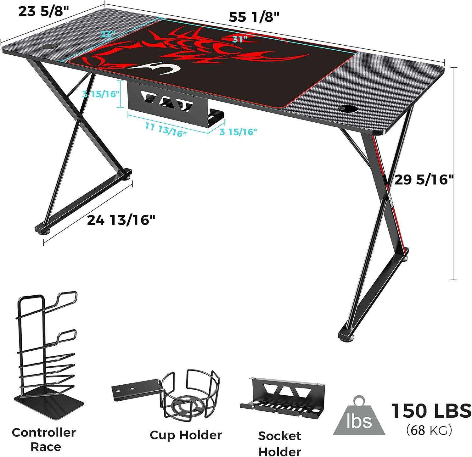 Gaming Desk 55 Inch,Pc Gaming Table, X Shaped Gaming Computer Desk with Mouse Pad, Carbon Fiber Home Office Gamer Desk with Cup Holder & Headphone Hook & Controller Stand,Black