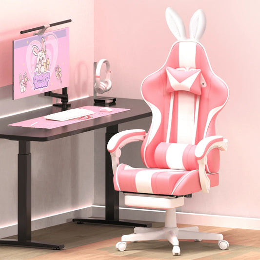Pink Gaming Chair with Footrest, Girls Ergonomic Game Gamer Chair with Massage Lumbar Pillow & Adjustable Bunny Ear Headrest for Adults S, High Back Office Computer Light Pink