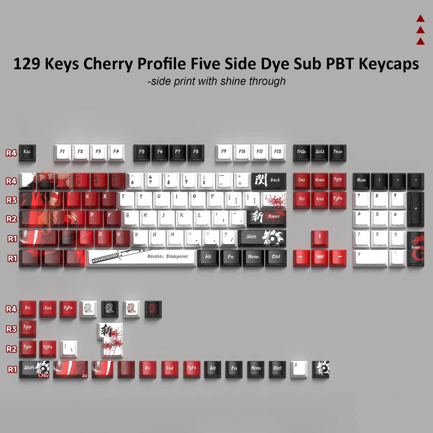 Red Night Side-Lit Shine through Keycaps Dye Sublimation PBT Keycap 129 Keys Cherry Profile for MX Switches Mechanical Keyboard