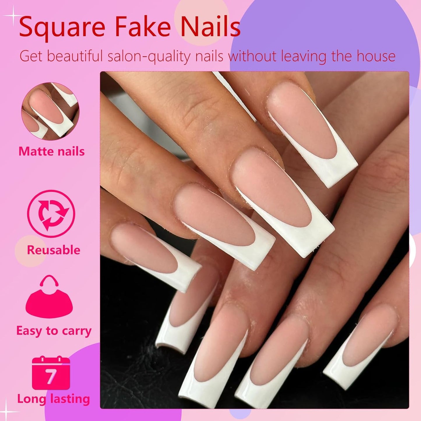 Addfavor 120Pcs White French Tip Press on Nails Long Square Fake Nails Nude False Nails Sqaure French Press Ons Square Nail Acrylic Artificial Nail with Adhesive Tab for Women
